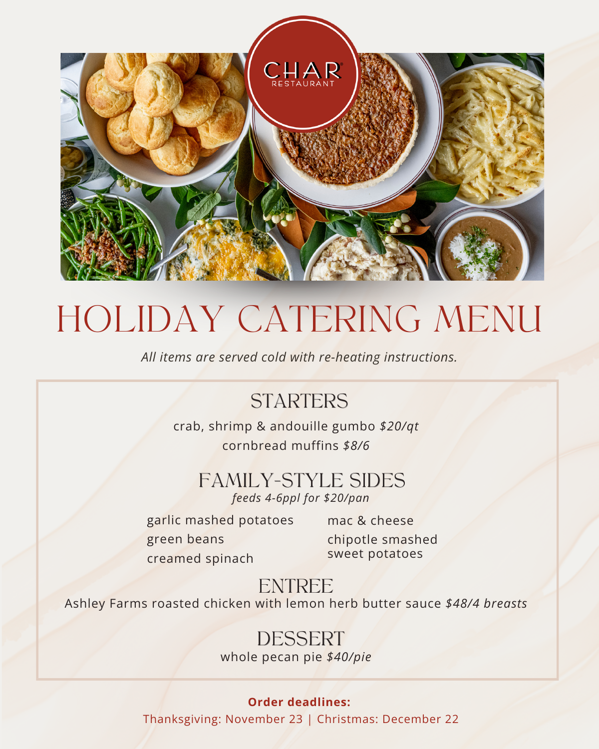 Char holiday catering menu. View the PDF for the full accessible entries
